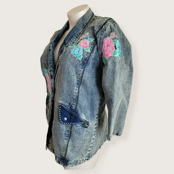 Vintage Embroidered Long Denim Jacket Blazer Zip Accent Woman's Size XL LH8009 - Picture 4 of 14